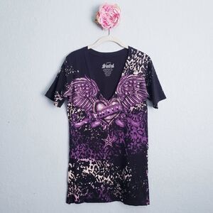 Sinful Black and Purple Leopard Print Rhinestone V-neck Tee
